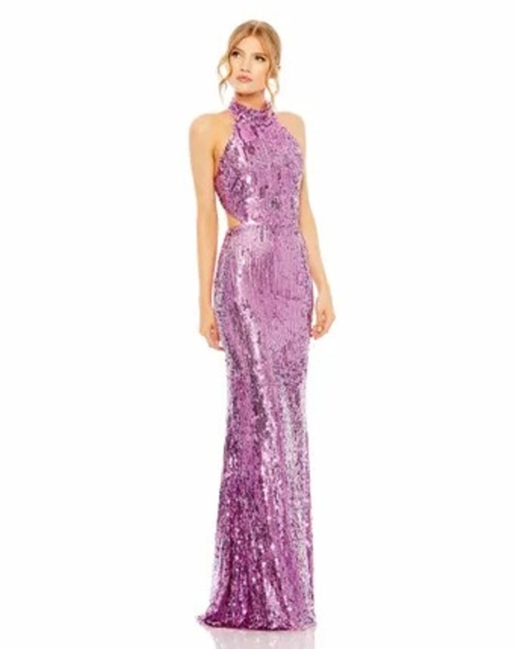 NWT Mac Duggal Open Back High Neck Sequin Maxi Dress Color Orchid Size 0